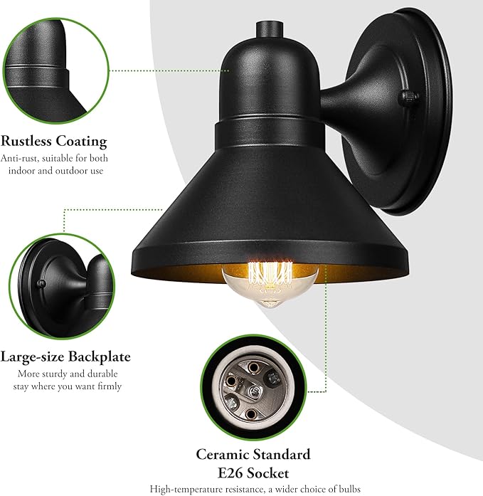 Brightever Outdoor Lanterns, 2-Pack Exterior Light Fixtures, Waterproof Anti-Rust Black Wall Mount Lights, Small E26 Socket Outside Lights for House, Front Porch, Playhouse, Garage
