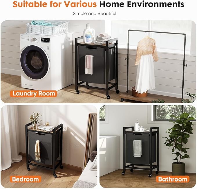 Sweetcrispy Laundry Hamper with 1 Pull-Out Removable Sorter Bags, Movable Wheels, Freestanding Clothes Basket Organizer in Bathroom, 1 × 18.3Gal (69L) Capacity, Rustic Brown and Black
