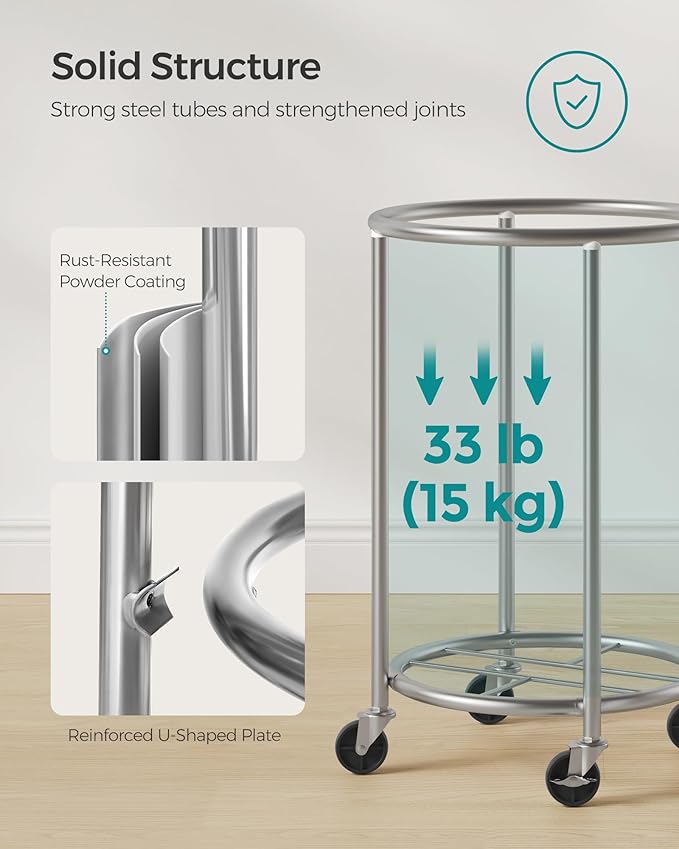 SONGMICS 18.5-Gallon (70 L) Laundry Basket with Wheels, Rolling Round Heavy-Duty Laundry Hamper Cart with Steel Frame and Removable Bag, 2 Locking Wheels, Cream White and Metallic Silver URLS006W01