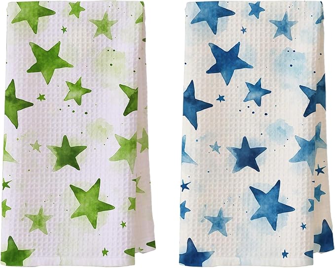 2-Pack Watercolor Star Towel, Star Waffle Towels, Nursery & Bathroom Hand Towel, 16x24 Inch Blue & Green Dish Tea Towel Decor for Kitchen & Nursery & Bathroom, Gift For Friends & Homeowners.