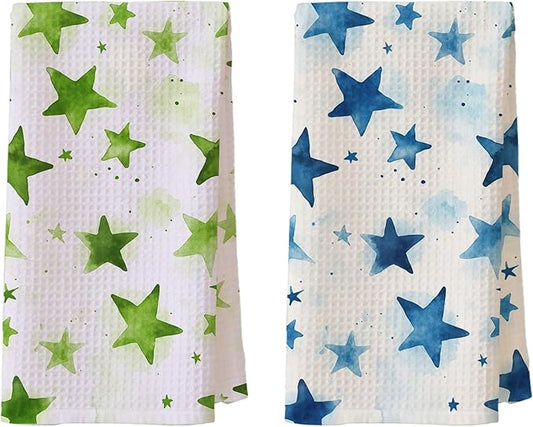2-Pack Watercolor Star Towel, Star Waffle Towels, Nursery & Bathroom Hand Towel, 16x24 Inch Blue & Green Dish Tea Towel Decor for Kitchen & Nursery & Bathroom, Gift For Friends & Homeowners.