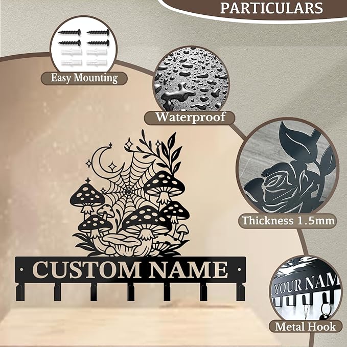 Customized Keys Holder - Personalized Mushroom Wonderland Key Hooks Wall Metal Sign Decor,Wall Holder,Door Hook (Style F)