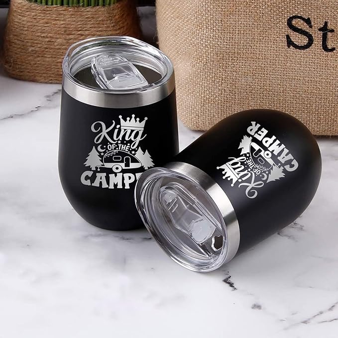 King of The Camper Wine Tumbler, Outdoor Camping Gifts Coffee Mug Cup, Camp Wine Glass Stemless Tumblers with Lid Stainless Steel Insulated Vacuum, RV Gifts for Campsite Travel Camping 12 Oz