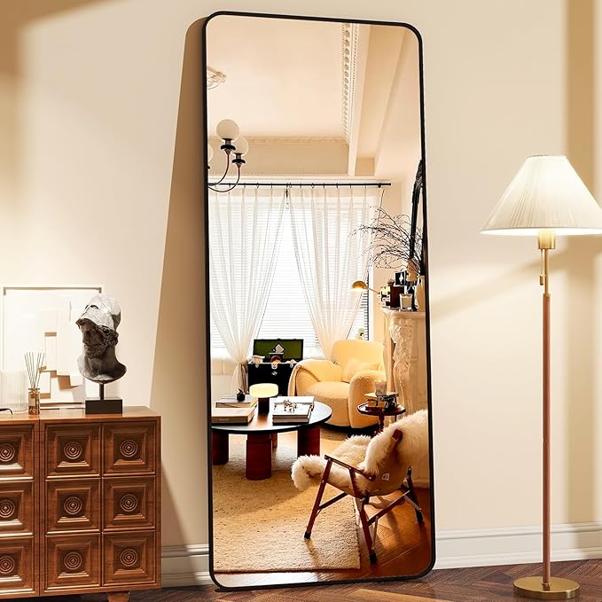 64"x21" Full Length Mirror, Full Body Rounded Corner Rectangle Mirrors with Stand, Standing or Leaning Metal Framed Floor Mirror, Wall Mounted Mirrors Hang Horizontally or Vertically, Black
