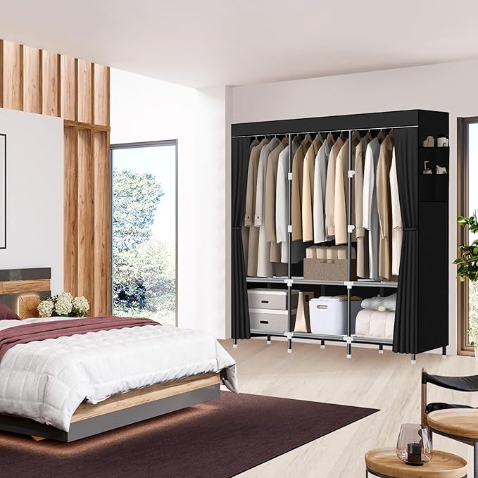 LOKEME Wardrobe Closet,Portable Closet for Bedroom Steel Pipe Diameter 19mm Strong and Sturdy Black Portable Closets for Hanging Clothes with 3 Hanging rods, 6 Storage Shelves and Side Pockets