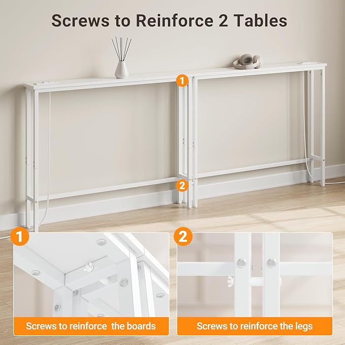 ELYKEN 2 Pack 5.9" Narrow Console Sofa Table with Power Outlets, Total 78.8” Long Behind Couch Table with Charge Station and 5.9’ Extension Cord for Living Room, 5.9" D x 78.8”W x 29.5”H, White