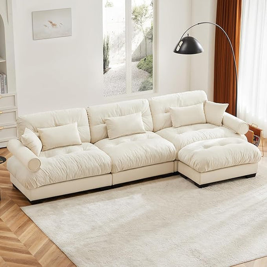 130"Oversized Couch, 3 Seater Modular Sectional Sofa, Beige White Large L Shaped Sectional Couches for Living Room, Fluffy Couch Set, 3 Seater, Velvet Cloud Couches with Ottoman, Sofas for Living Room