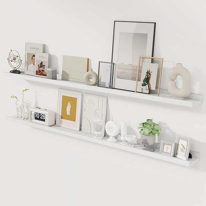 Solid Ash Wood Picture Ledge Shelf, Floating Shelves Set of 2, 56 Inch Long Large Ledge Shelves, Nursery Book Shelves Wall Mounted for Living Room Bedroom Kitchen Decor Kids Bookshelf, White