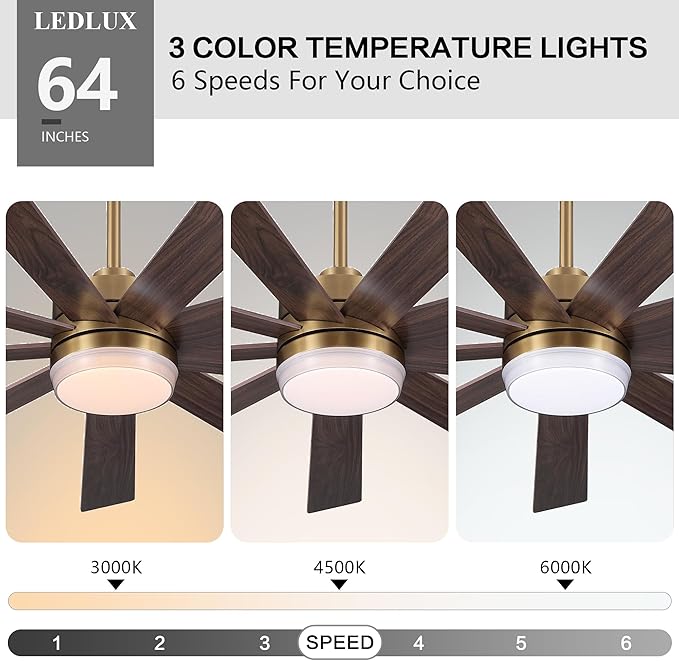 64" Ceiling Fan with Light, 6-Speed Remote Control, Reversible DC Motor, Modern 9 Blades with 4.5"/12" Downrods for Home or Commercial Gold/Walnut
