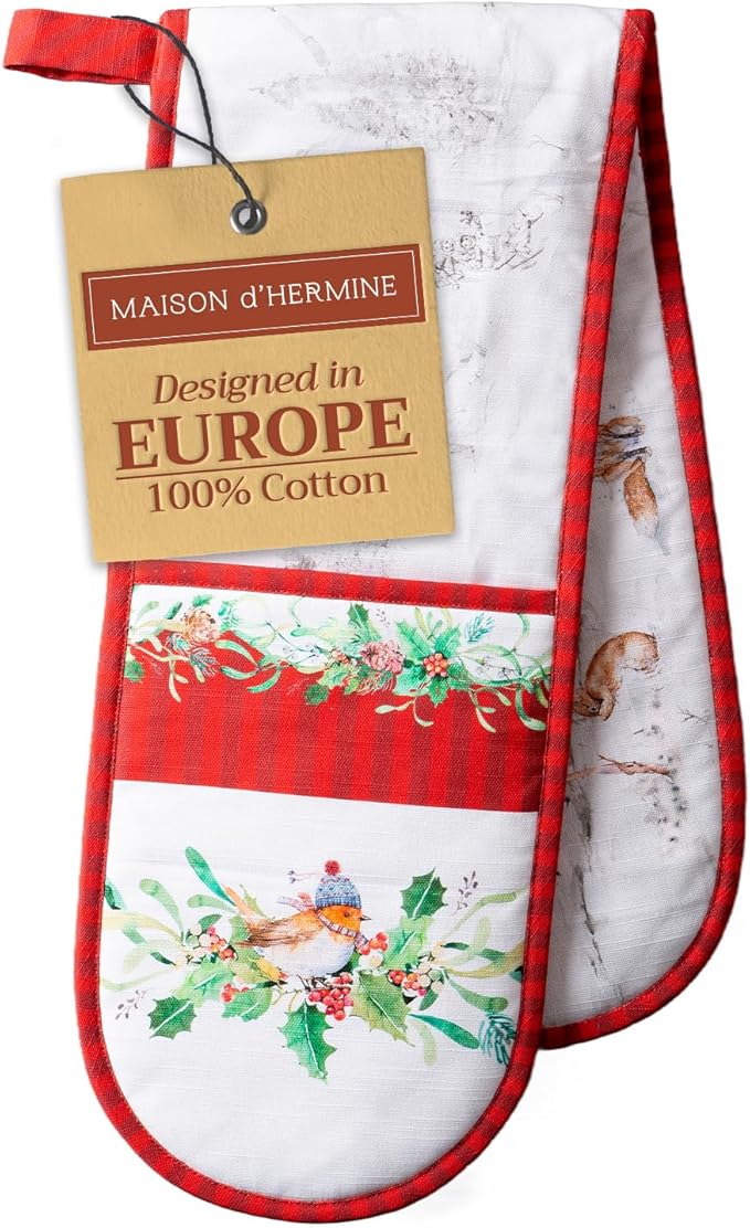 Maison d' Hermine Double Oven Mitt (7" x 35") 100% Cotton Heat Resistant BBQ Cooking Gloves with Loop for Thanksgiving Christmas Decorations Baking Cooking Handling Hot Pan (Christmas Tradition)