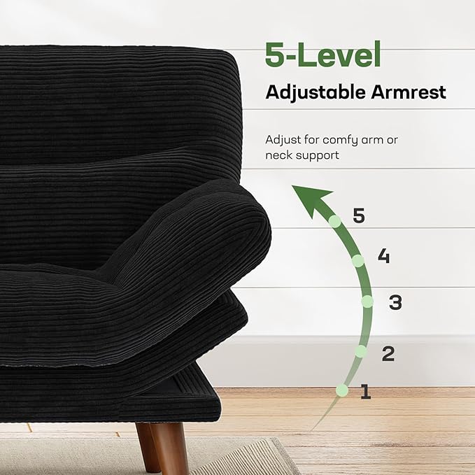 Marsail Futon Sofa Bed, Futon Couch with Adjustable Backrest & Armrests, Convertible Small Sleeper Sofa Bed for Small Apartments, Study Room, Office, Corduroy Loveseat, Black