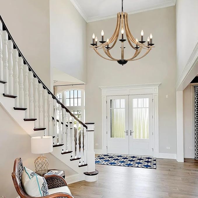 Farmhouse Chandeliers for Dining Room Light Fixture, 10-Light 35" Adjustable Height Retro Faux Wood Texture Rustic Light Fixtures for Living Room Bedroom Kitchen Island Foyer Entryway