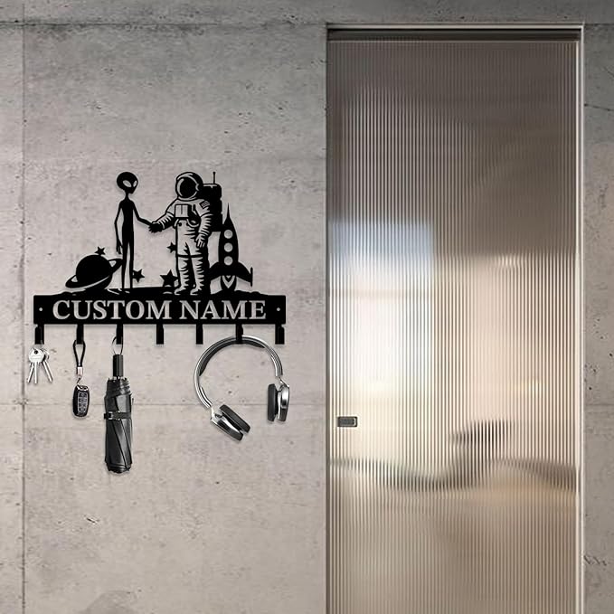 Personalized Custom Alien ET Metal Wall Keys Hooks,Clothes Hooks Alien ET Art coat racks,door holder,Black Alien ET decorations for home,Entrance doors,Hallway, Bedroom,Keys,Hats (Style O)