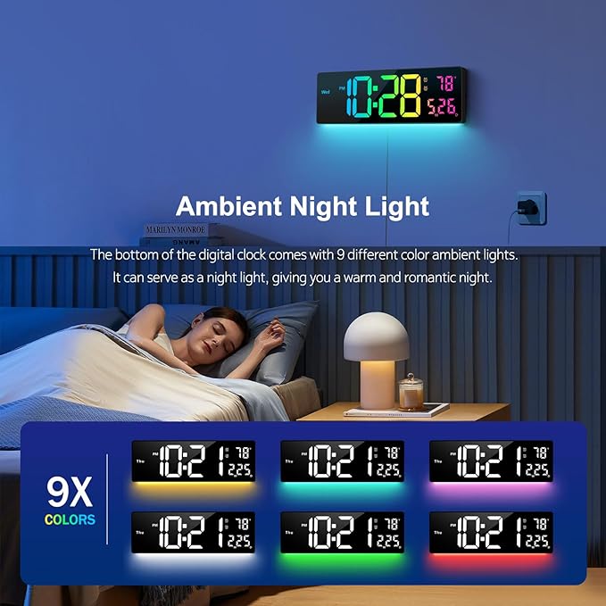 Digital Wall Clock 16", Wall Clocks with 11 RGB Colors, Alarm Clock with Night Lights, Large Digital Clock for Living Room Bedroom Office Classroom Decor, Auto DST, Temperature, Remote Control