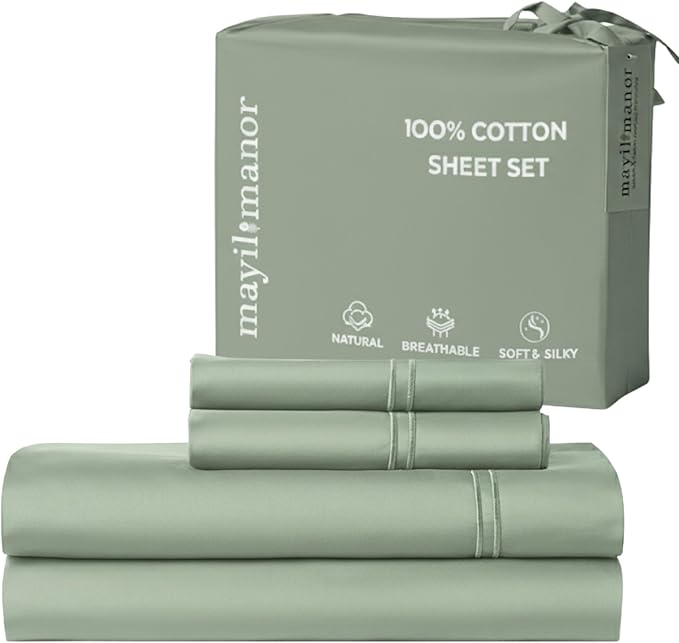 100% Natural Cotton Bed Sheets | 500 TC Single-Ply Sateen Weave Full Size Sheets | Soft, Breathable, Hypoallergenic Solid 4-Piece Bedding with Deep Pocket Fitted, Flat, Pillowcase | Sage