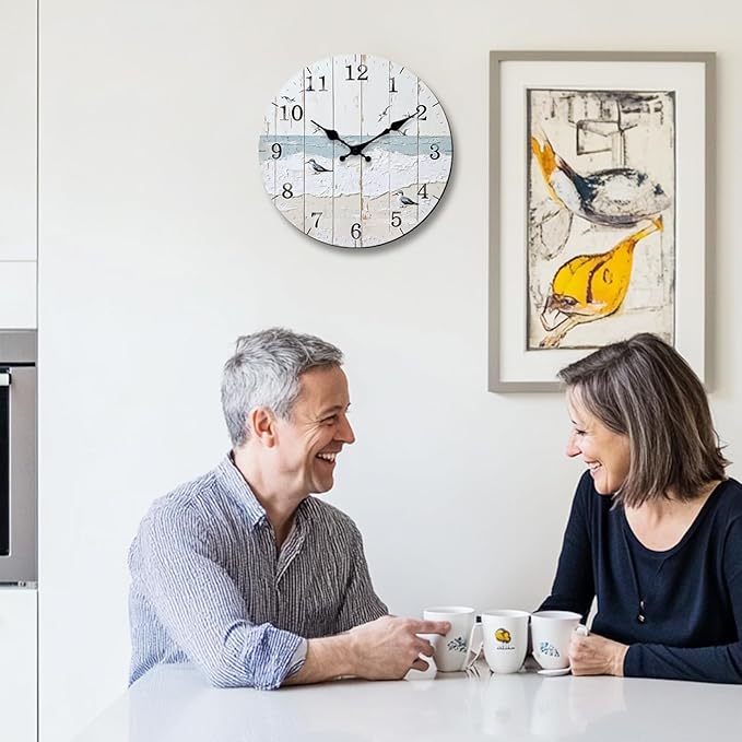 Quiet Rustic Wooden Wall Clock with Tempered Film - 10 Inch Coastal Round Wall-Clock Battery Operated Silent Vintage Clocks for Farmhouse, Bedroom Decor