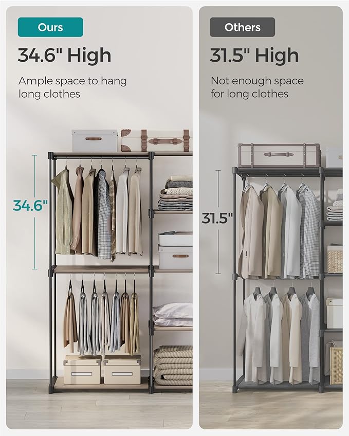 SONGMICS Portable Closet, Freestanding Closet Organizer, Clothes Rack with Shelves, Hanging Rods, Storage Organizer, for Cloakroom, Bedroom, 48.8 x 16.9 x 71.7 Inches, Taupe URYG026R02