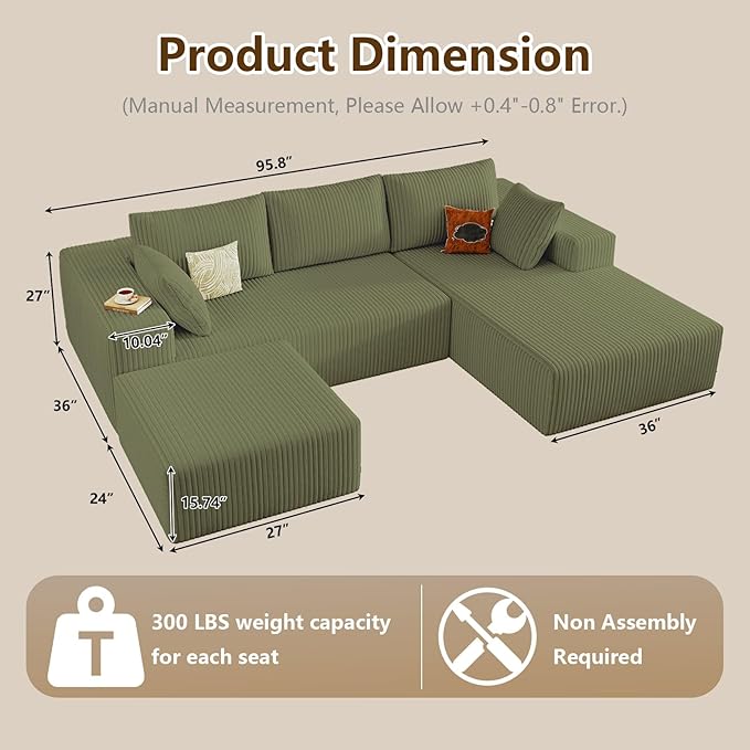 96" U-Shape Cloud Couch, Modern Modular Sectional L-Shape Sofa with Ottoman, Corduroy Upholstered Couches Deep Seat Sleeper Chaise Longue for Living Room, No Assembly Required(Green, Right Facing)