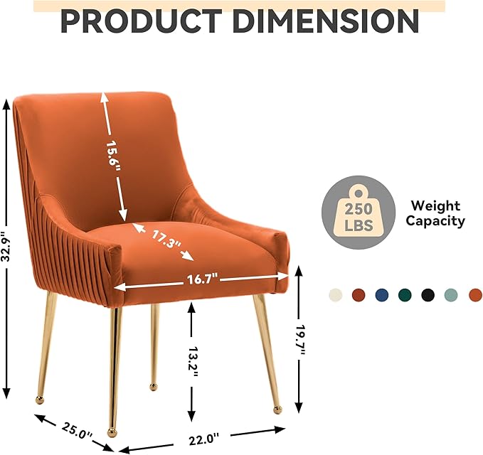 Dining Chairs, Accent Chairs Set of 2, Modern Upholstered Kitchen Dining Room Chairs with Gold Legs, Fabric Tufted Velvet Living Room Chairs for Reception Room Bedroom Guest Room (Orange)