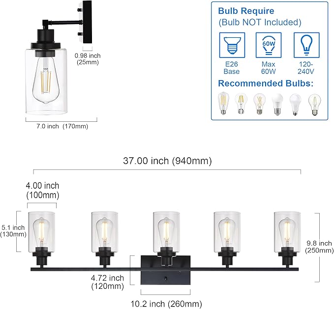 MELUCEE 40 Inches Length 5-Light Bathroom Vanity Light Fixtures Black Industrial Wall Sconce Lighting with Clear Glass Shade for Living Room Bedroom Hallway Kitchen (Patent No.: US D963914 S)