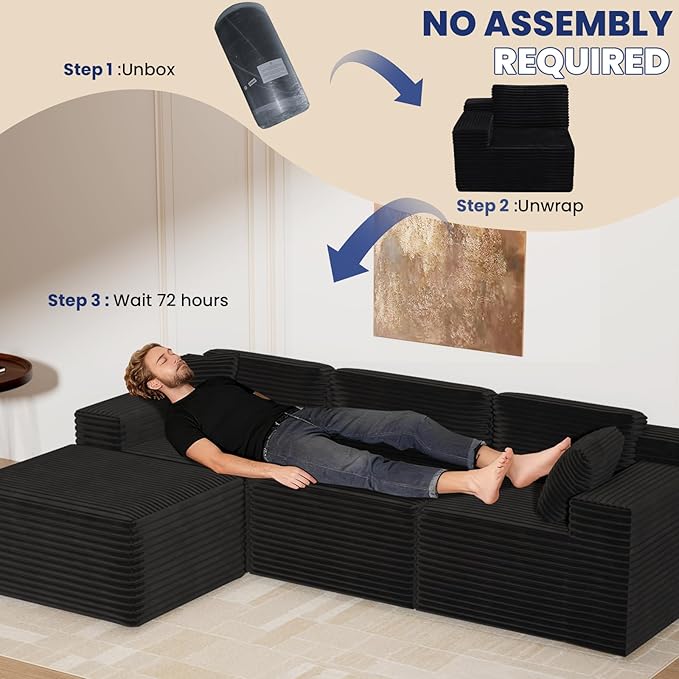 Bashaw 108" Cloud Sectional Couch Sofa with L-Shape Chaise, Modern Modular Sofa Couch Upholstered Couches for Living Room Bedroom, No Assembly Required (Black, L Shape)