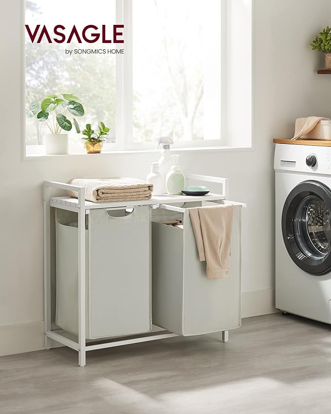 VASAGLE Laundry Hamper, Laundry Basket, Laundry Sorter with 2 Pull-Out and Removable Bags, Shelf, Metal Frame, 2 x 12.1 Gallons (46 L), 28.8 x 13 x 28.4 Inches, Cream White and Cloud White UBLH201W01