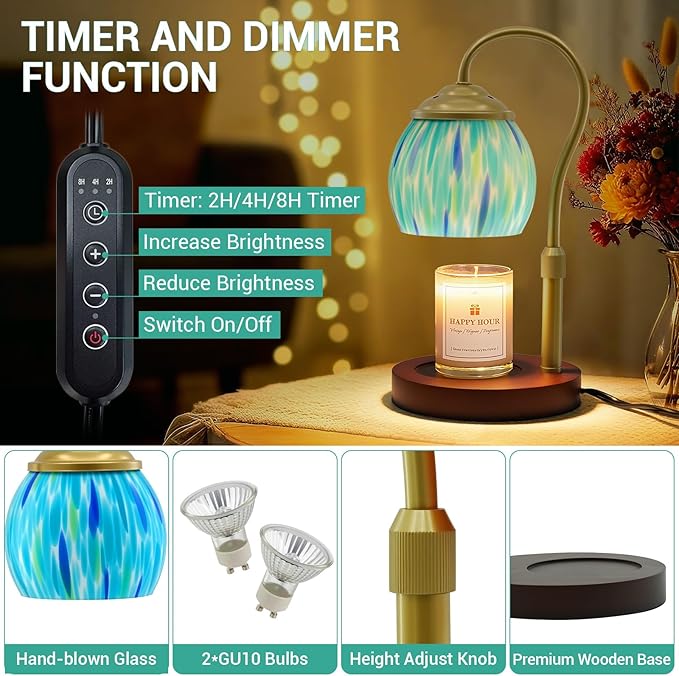 Candle Warmer Lamp with Timer Dimmer - Height Adjustable Wax Melt Warmer for Jar Candles, Blown Art Glass Candle Warming Lamp with 2 Bulbs Birthday Gifts for Mom Women Candle Holders for Home Decor