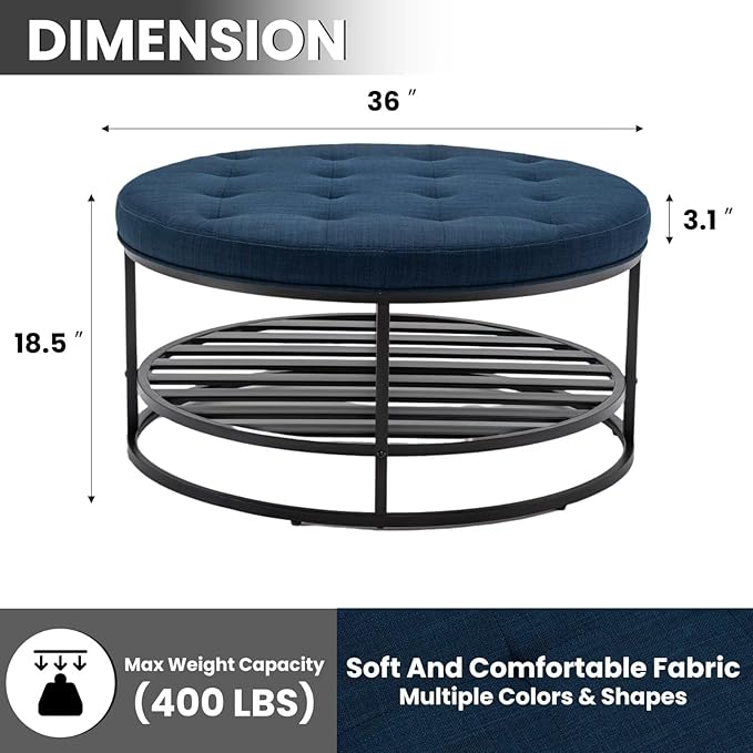 Ottoman Coffee Table with Upholstered Tufted Linen Fabric, Round Center Table with Storage Large Footrest Ottoman for Living Room Navy Blue