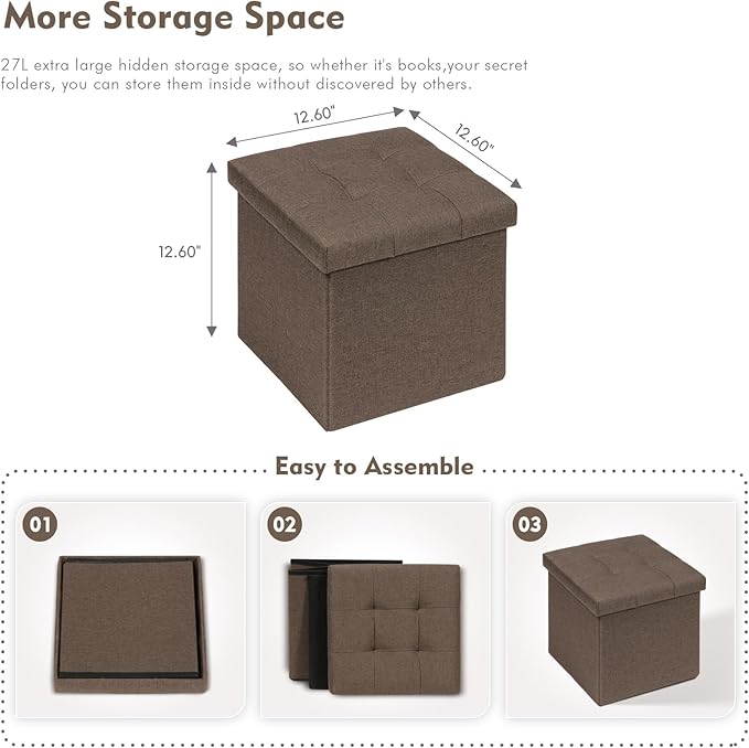B FSOBEIIALEO Storage Ottoman Cube, Folding Footrest for Living Room Seat, 12.6"X12.6"X12.6" (Linen Brown)