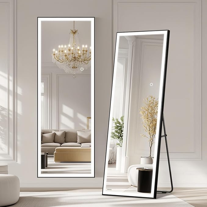Kosmonia 65x24 Full Length Mirror, Dimmable 3 Color LED Light w/Light Memory, Distortion Free Silver Coating Mirror, HD Reflection &Anti Desilvering,Tempered Glass &Shatter Proof Film Doubles Safety
