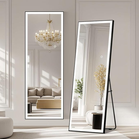Kosmonia 65x24 Full Length Mirror, Dimmable 3 Color LED Light w/Light Memory, Distortion Free Silver Coating Mirror, HD Reflection &Anti Desilvering,Tempered Glass &Shatter Proof Film Doubles Safety