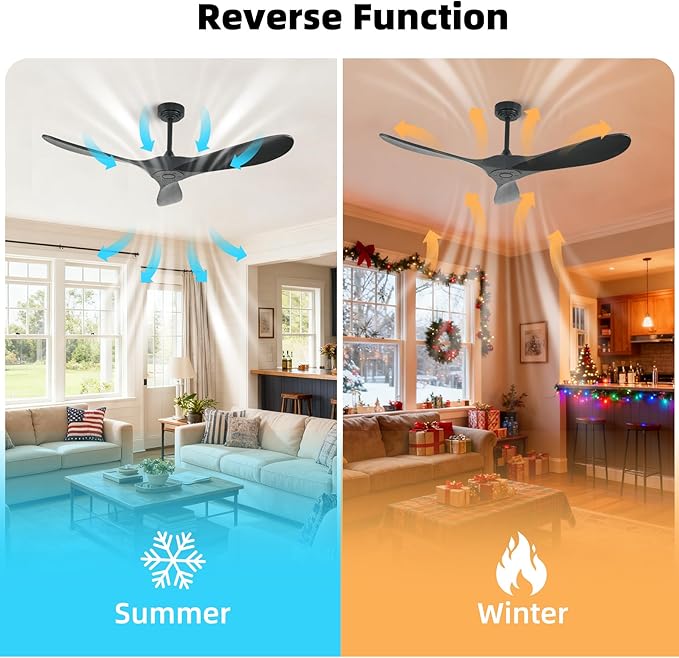 Smart Ceiling Fan no Light, 52 Inch Outdoor Ceiling Fan Without Light, Compatible with Alexa/Google/App, 3 Solid Wood Blades, Modern Wood Fan for Patio, Bedroom, Living Room, Black