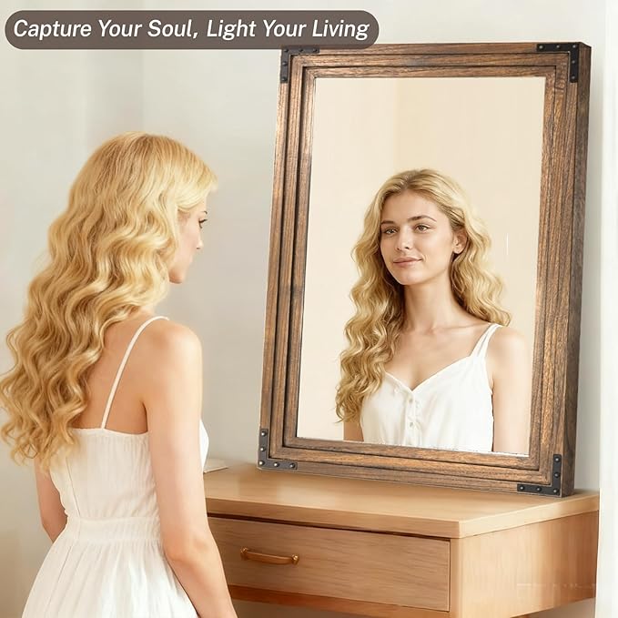 Full Length Mirror 40"x30" Solid Wood Frame Floor Standing Mirror, Hanging or Leaning Wall-Mounted for Living Room, Bedroom, Oak Color