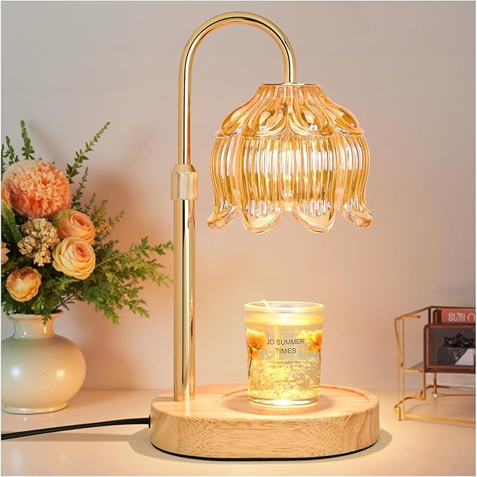 Candle Warmer lamp with Timer Dimmer,Electric Candle Warmer, Vintage Flower Lotus lamp,Compatible with Various Candles, Gifts for Mom Women,Candle Lamp for Bedroom Home Decor (Flower lamp-Amber)