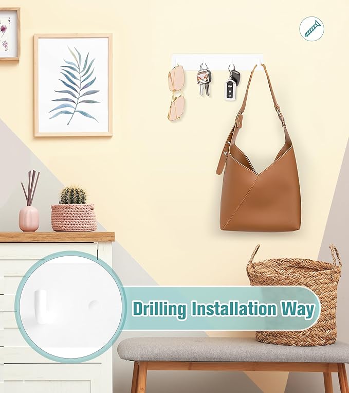 RELBRO Key Holder Wall Mount, Large Metal Self Adhesive Key Rack with 4 Hooks, 2 Installation Options, White