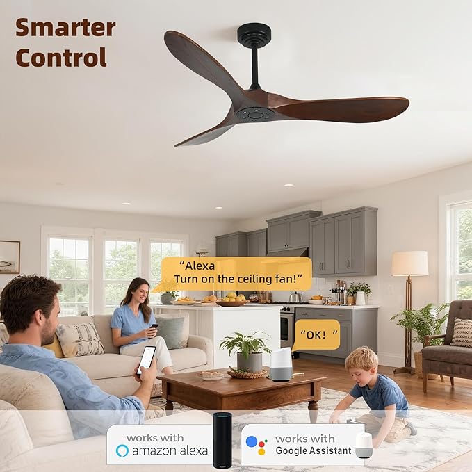 Smart Ceiling Fan no Light, 52 Inch Outdoor Ceiling Fan Without Light, Compatible with Alexa/Google/App, 3 Solid Wood Blades, Modern Wood Fan for Patio, Bedroom, Living Room,Dark Walnut