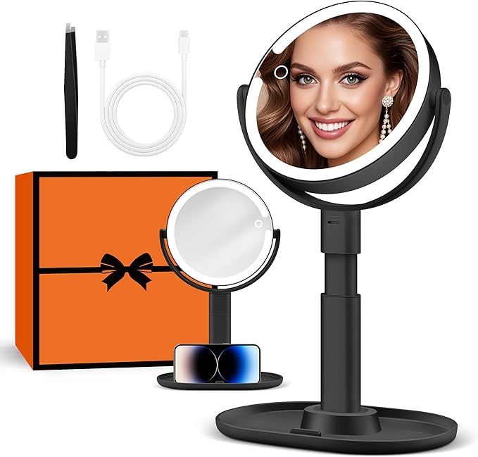 B Beauty Planet Makeup Mirror with Lights, Lighted Magnifying Mirror 30X with 3 Lighting and Adjustable Brightness, 2-Sided Height Adjustable Vanity Mirror for Bathroom, Gifts for Women Black