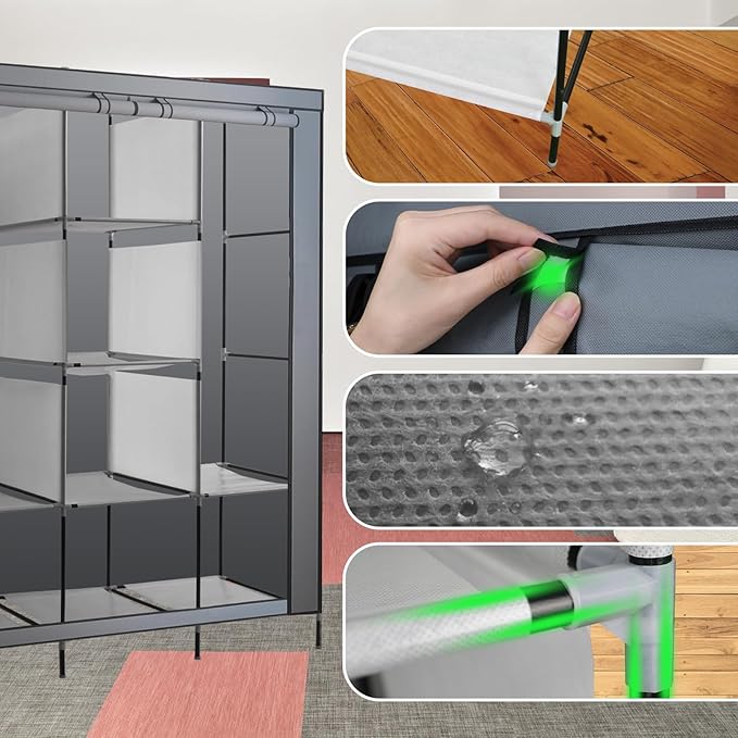 PLKO Portable Closet, Wardrobe Closet Organizer,Portable Clothes Closet Rolling Door Wardrobe with Grey Oxford Fabric Cover for Bedroom, (Grey)