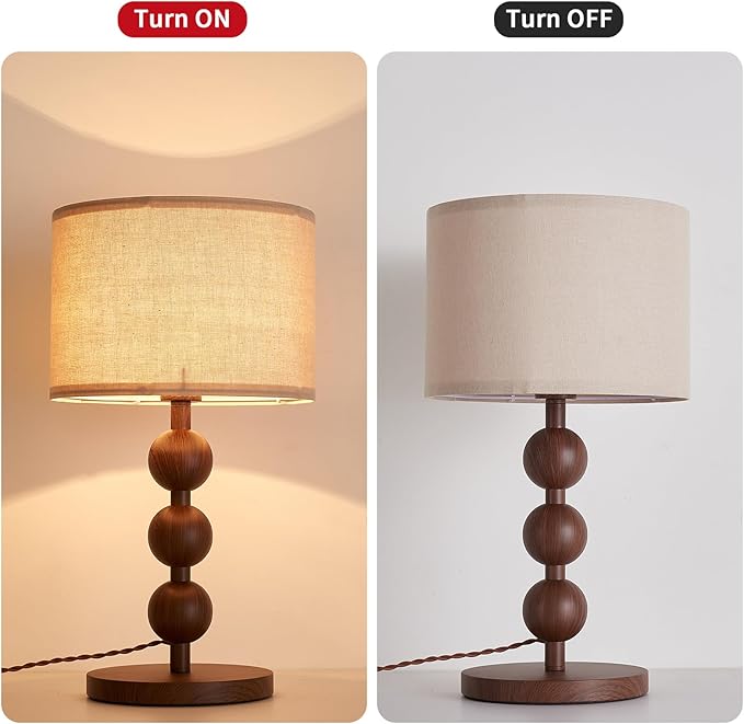Bedside Nightstand Table Lamp for Bedroom Red Wood Pattern Iron Lamp with Fabric Shade, Mid Century Modern Farmhouse Table Lamp Desk Lamp for Living Room Home Office with LED E26 Bulb