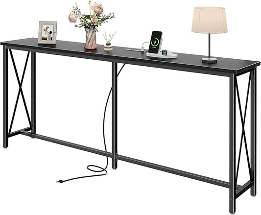 SUPERJARE 70 Inch Console Table with Outlets and USB-C Port, Extra Long Behind Couch Sofa Table with X-Shaped Design, Narrow for Entryway, Living Room, Metal Frame, Wooden Top, Black