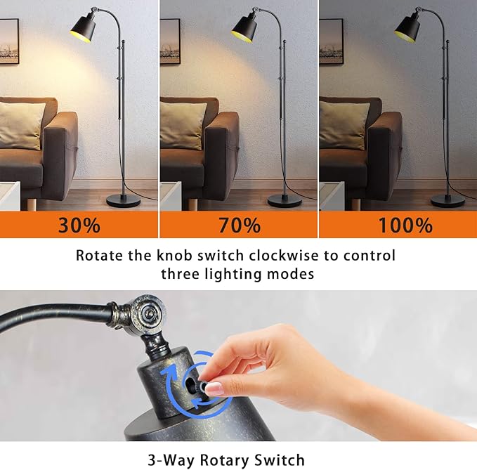 Floor Lamp, Industrial Floor Lamps for Living Rooms & Bedrooms - Rustic Farmhouse Reading Lamp Standing, Adjustable Metal Heads Indoor Task Lighting for Living Room Office Home Décor (Rustic Black)