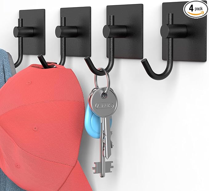 VAEHOLD 4 Pack Wall Hooks, Heavy Duty Sticky Holder Waterproof Aluminum Towel Hooks for Hanging Coat, Hat, Key, Clothes, Closet Hook Wall Mount for Kitchen, Bathroom, Office（Black）