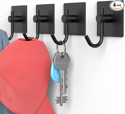 VAEHOLD 4 Pack Wall Hooks, Heavy Duty Sticky Holder Waterproof Aluminum Towel Hooks for Hanging Coat, Hat, Key, Clothes, Closet Hook Wall Mount for Kitchen, Bathroom, Office（Black）