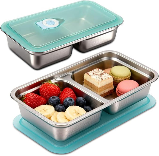 2 Pack Stainless Steel Snack Containers with Lids, Reusable Leak-Proof 2-Compartment Bento Box, Portable Food Storage Lunch Box for Work, Travel, Meal Prep