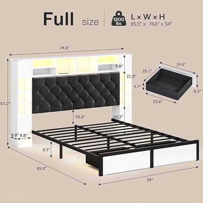 Full Size Bed Frame with Bookcase Headboard and Storage Drawers, 51.2" Metal Platform Full Bed Frame with Charging Station and LED Lights, Velvet Upholstered Tufted Bed Frames, White