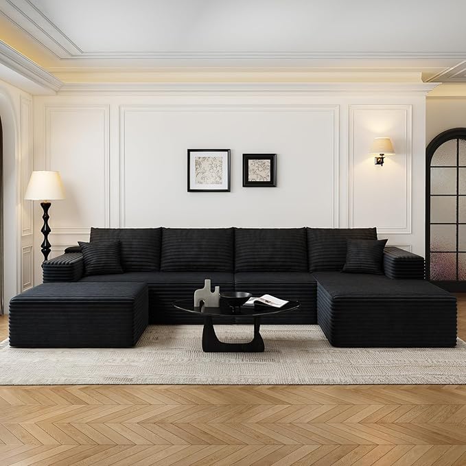 135.4"Cloud Modular Sectional Couch with 1 Ottoman,Modern Minimalist Upholstered Couches, Comfort U Shaped Sofa for Living Room,Deep Seat Corner Couch，No Assembly Required (Black,Right Facing Chaise)