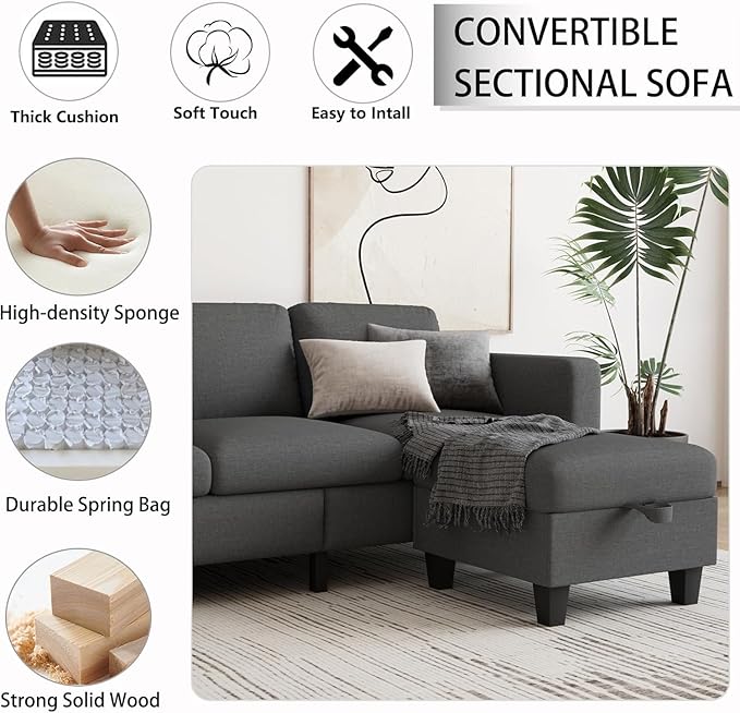 Sectional Couches for Living Room, 78" L Shaped Sofa 3 Seat Modern Couch with Storage Ottoman Convertible Couches for Small Space, Living Room, Bedroom, Apartment and Office