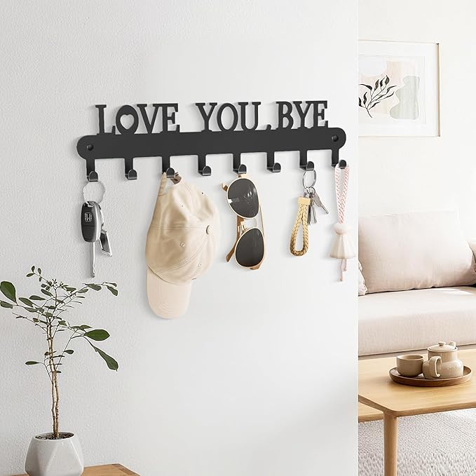 Key Holder for Wall - 'Love You Bye' Key Hooks,Key Holder Wall Mount Self Adhesive, Key Rack Wall Mount for Wall No Drill for Living Room, Kitchen, Bathroom, Garage (White, 6 Hooks)