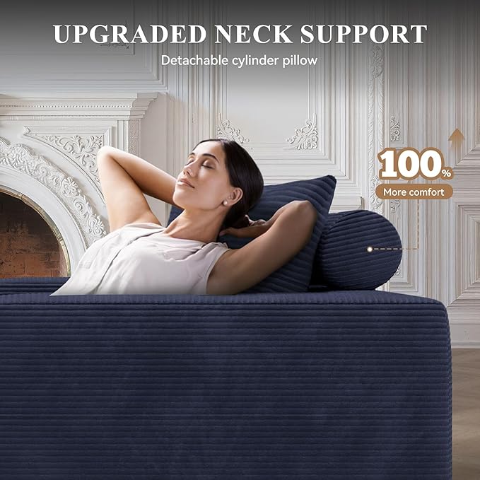 Boneless Couches for Living Room,Modular Sectional Sofa with Ottoman,Cloud Couch in a Box,Sponge Compression U Shaped Sofas with Chaise No Assembly Required(Blue-Corduroy Fabric) 1pcs