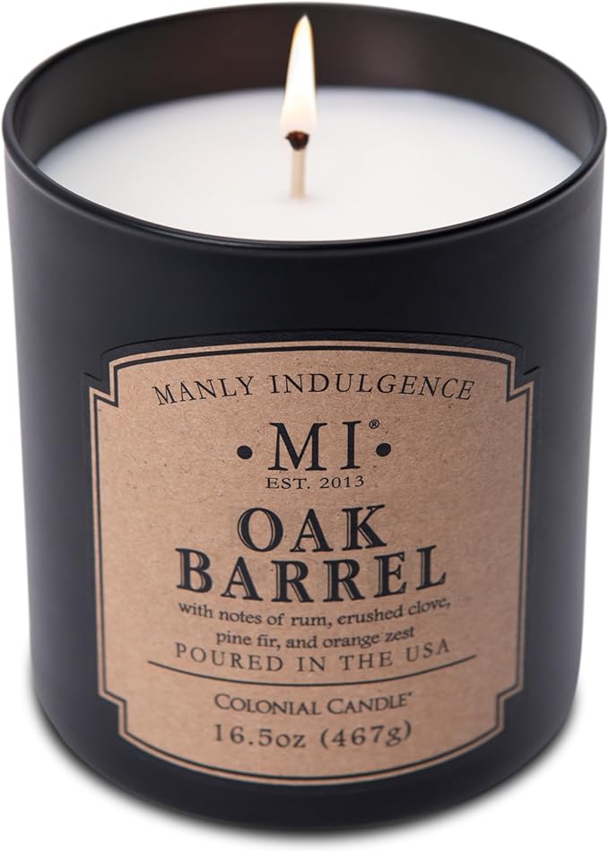 Manly Indulgence Oak Barrel Scented Candles for Men, 16.5 oz Single Wick, Premium Soy Blend Wax, 60H Burn, Candles for Home Scented – Made in The USA
